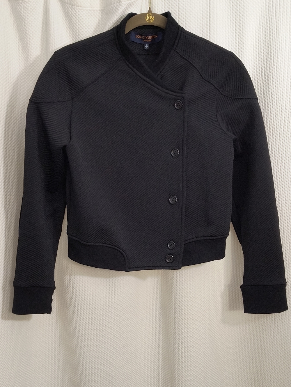 Louis Vuitton Black Textured Uniform Asymmetric Button Bomber Jacket Womans